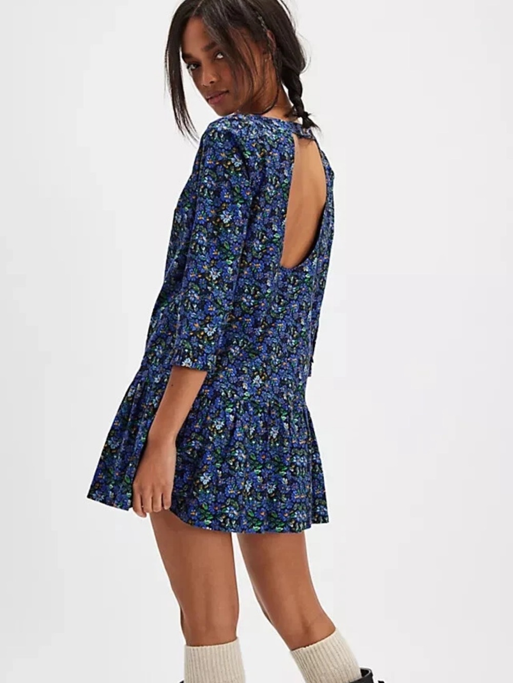 Free People NWT Blue Floral Long Sleeve Ruffled Hem Dress S